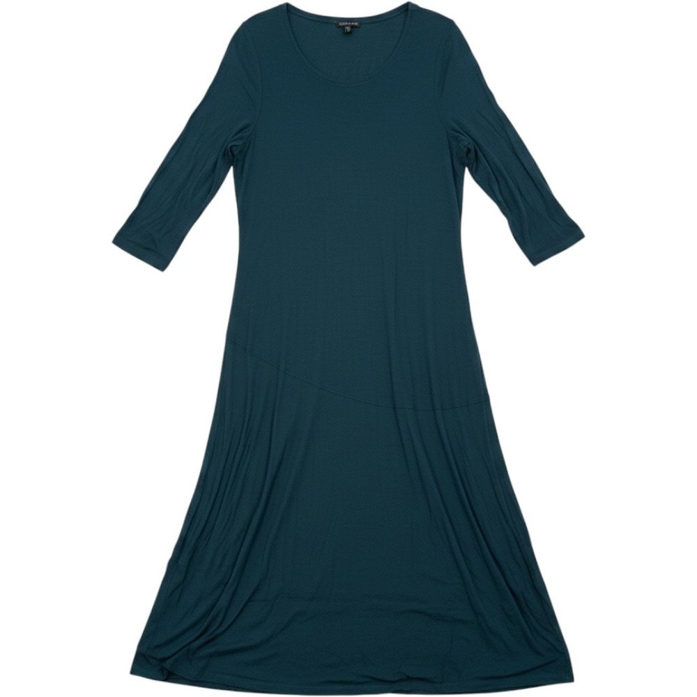 Eileen Fisher Maxi Dress Womens Small Teal Green Long Sleeve Rayon Lycra Stretch